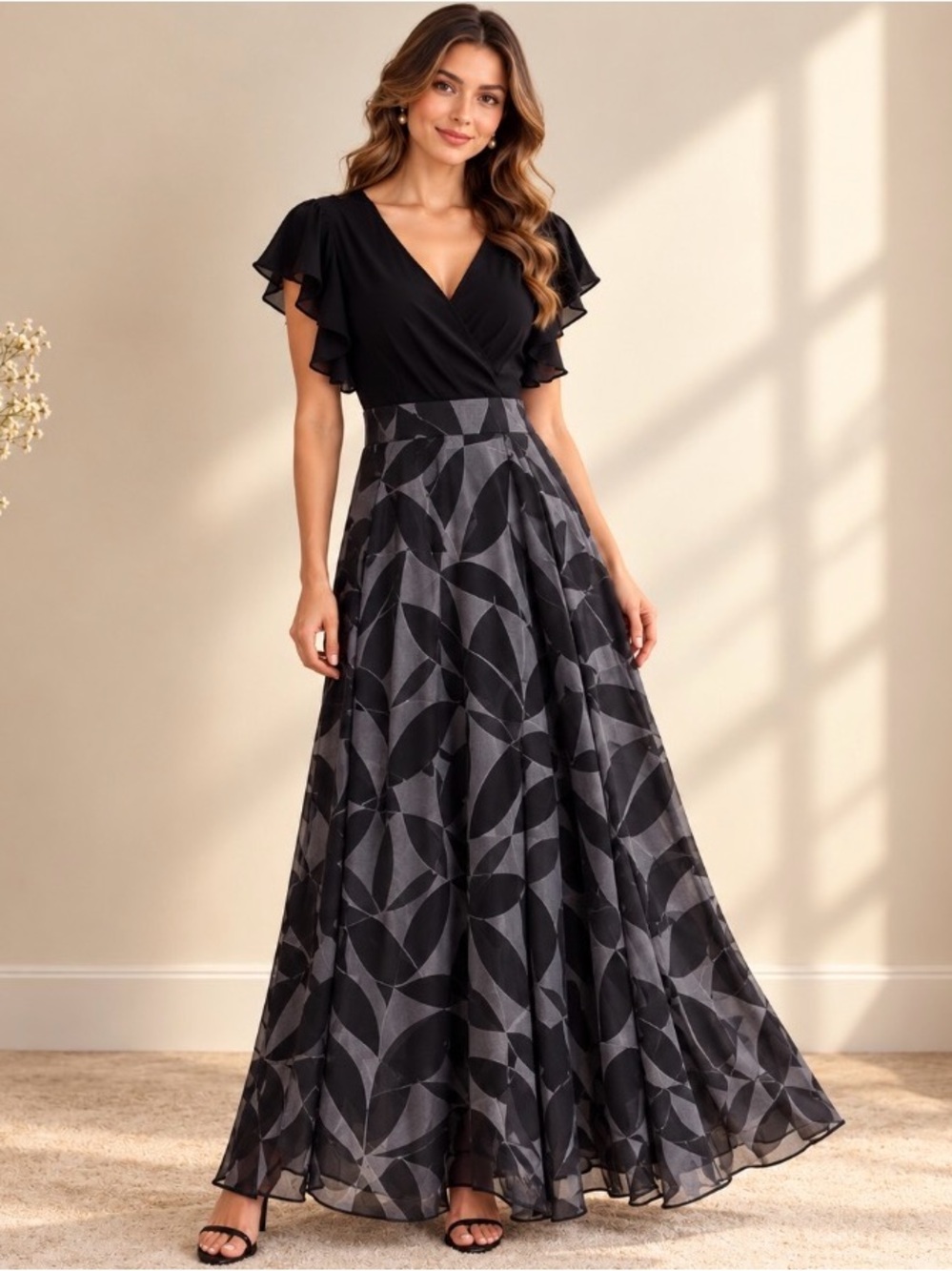 Chiffon Black & Gray Patterned Flutter-Sleeve Maxi Dress